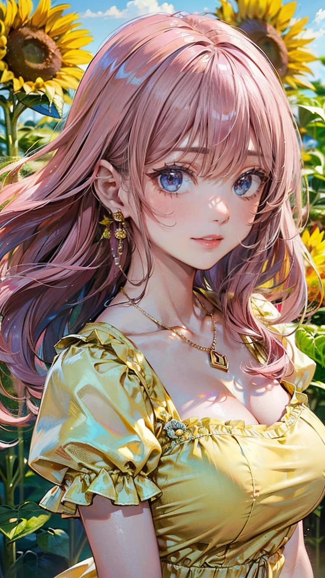(Masterpiece, BestQuality:1.3), (ultra detailed:1.2), (hyperrealistic:1.3), (RAW photo:1.2), High detail RAW color photo, professional photograph, (Photorealistic:1.4), (realistic:1.4), professional lighting, perfect anatomy, (Big Breasts:1.2), (blush, detailed face), (cheerful Smile:1.5), (Pink Hair:1.5), Trending Hair&Trending Hairカラーをランダムに, earrings, necklace, bracelet, sexly, erotic sexly, Random sexy gravure poses, (A girl wearing a yellow summer dress、Sunflower field blowing in the wind。: 1.3)