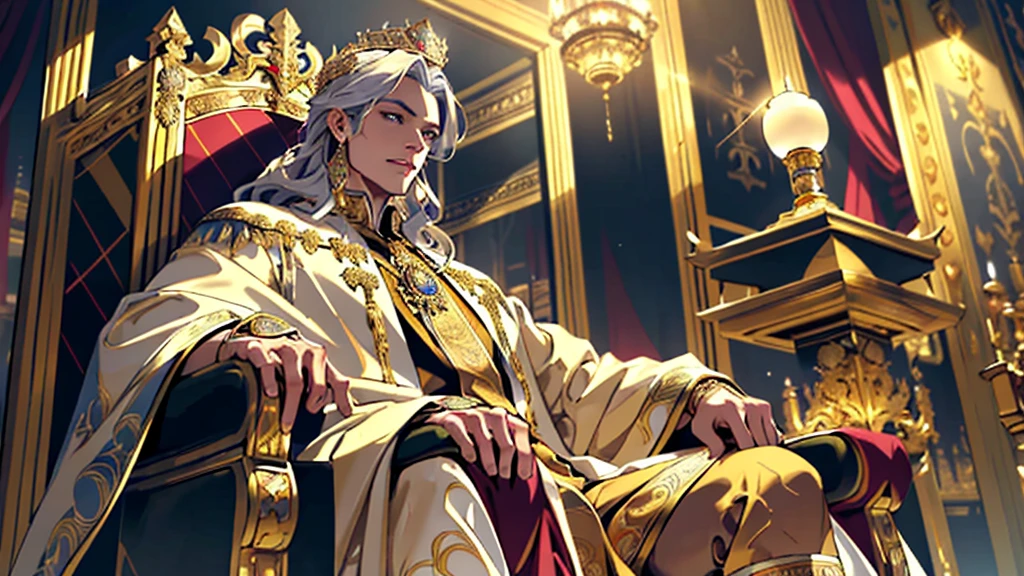 arrogant king sitting on throne surrounded by gold and queen, 1 girl, delicate face, beautiful detailed eyes, beautiful detailed lips, extremely detailed face, long eyelashes, elegant crown, ornate golden throne, luxurious royal attire, intricate jewelry, opulent gold decor, dramatic lighting, cinematic camera angle, vibrant colors, 8k, award winning digital art, artstation, pixiv