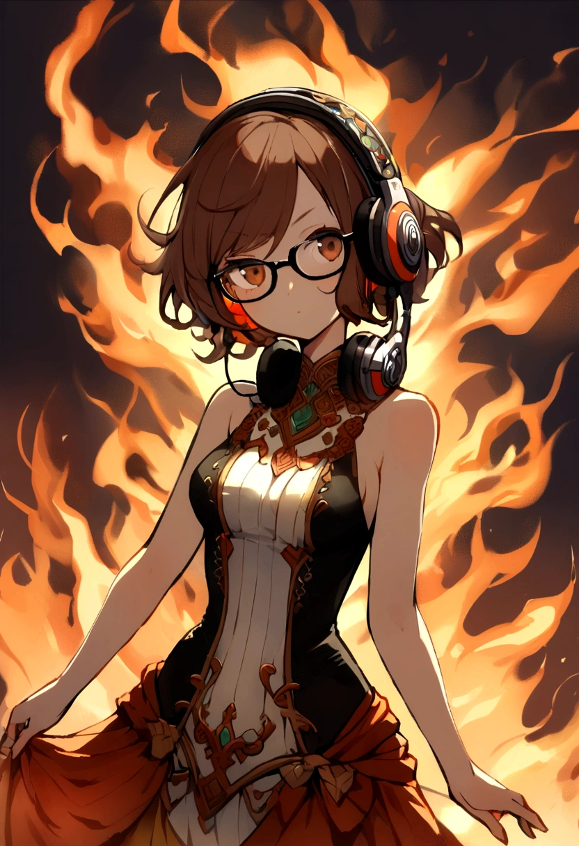 Fantasy style characters are on fire, 1girl, solo, short hair, (((under-rimmed glasses:1.3))), (headphones:1.3), medium breasts, bare arms,