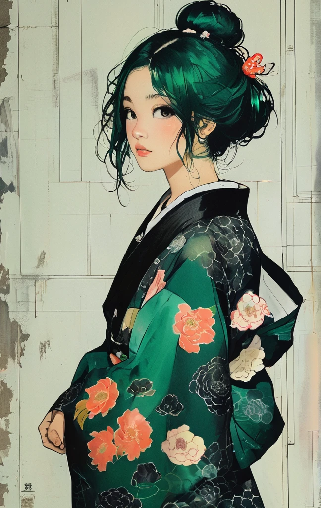 (highest quality, sketch:1.2), High resolution:0.75, Illustrator,anime, 1 girl, detailed lips, yukata、green dress,custom, (Dark monochrome background),neon hair,Texture Cropping, masterpiece, style, Retro Classic, Dark Black, Art Station, sketch book, bob hair [green:1.75] [neon:1.32], (Dark monochrome background:2.1), epic realistic, detailed