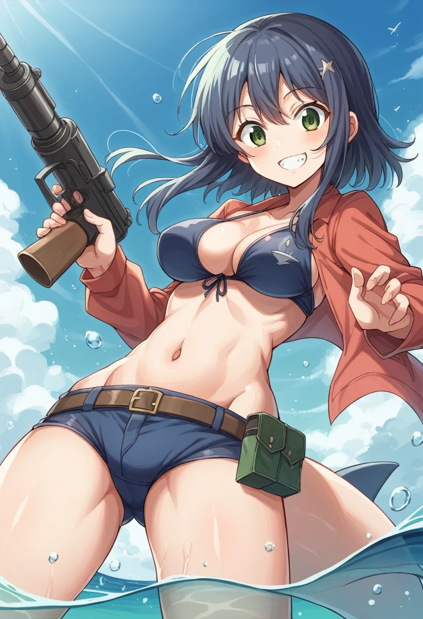 A future Earth where all land has been submerged,Sea.High resolution, Anime Style, A girl armed with a gun and a combat bikini.Seaで鮫と戦闘中, は未来のSeaで発射できる銃を持っている, A smile aiming at the prey,Huge shark attacks girl,背景にSeaの中に完全に水没したビル群