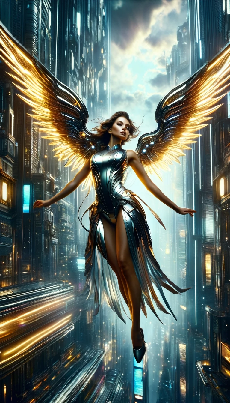 A very sexy woman with metal wings, mechanical wings, flying over an impressive futuristic city, oil painting, intricate details, dramatic lighting, cinematic composition, hyperrealistic, highly detailed, masterpiece, chiaroscuro, moody atmosphere, rich color palette, volumetric lighting, dramatic depth of field, photorealistic, cinematic framing, dynamic pose, mesmerizing expression, elaborate costume design, advanced technology, glowing energy fields, gleaming metal textures, urban cityscape, towering skyscrapers, neon lights, moody clouds, cinematic camera angle, masterful brushwork, digital art, concept art