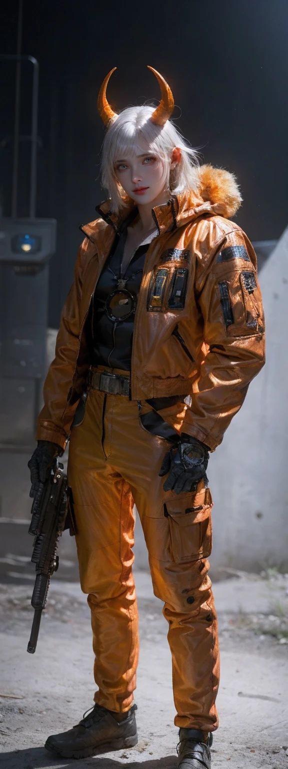 (realistic:1.2),cyberpunk, cyborg, halloween, helmet, jack-o'-lantern, mechanical_arms, orange_jacket, orange_pants, orange_shirt, pumpkin, science_fiction, solo, simple_background, gloves, standing, jacket, cowboy_shot, horns, urban techwear, outfit