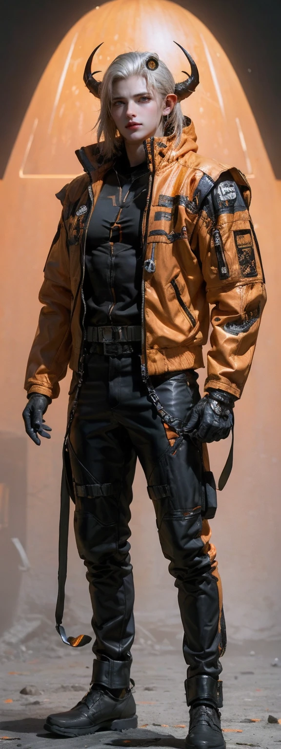 (realistic:1.2),cyberpunk, cyborg, halloween, helmet, jack-o'-lantern, mechanical_arms, orange_jacket, orange_pants, orange_shirt, pumpkin, science_fiction, solo, simple_background, gloves, standing, jacket, cowboy_shot, horns, urban techwear, outfit