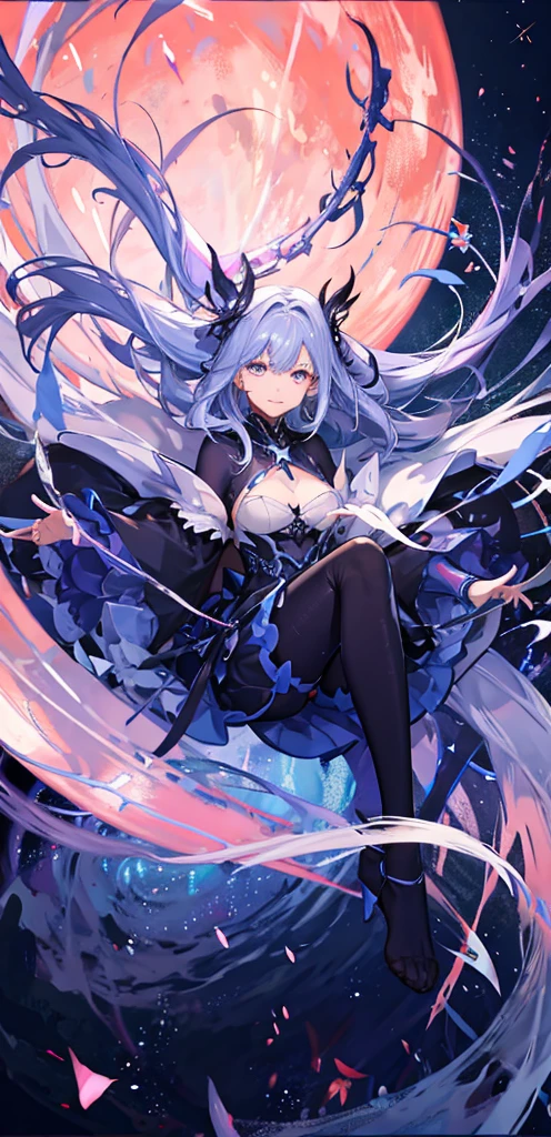 (ether colorful ink flowing:1.3)(((masterpiece))),(((best quality))),((ultra-detailed)),(illustration),((extremely delicate and beautiful)), dynamic angle, floating,(beautiful detailed eyes),(detailed light), floating_hair, glowing eyes, blue background, plants, sky, cloud, smile, pink theme, irises and pupils are rounded, the pupilreflects the surroundings, eyes are not thesame size, watery eyes, (glow stars and black hole in background), (glow stars), (cosmic background), (stars), (half body picture)