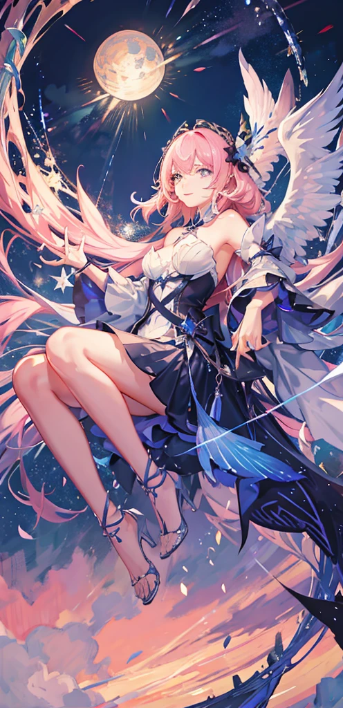 (ether colorful ink flowing:1.3)(((masterpiece))),(((best quality))),((ultra-detailed)),(illustration),((extremely delicate and beautiful)), dynamic angle, floating,(beautiful detailed eyes),(detailed light), floating_hair, glowing eyes, blue background, plants, sky, cloud, smile, pink theme, irises and pupils are rounded, the pupilreflects the surroundings, eyes are not thesame size, watery eyes, (glow stars and black hole in background), (glow stars), (cosmic background), (stars), (half body picture)