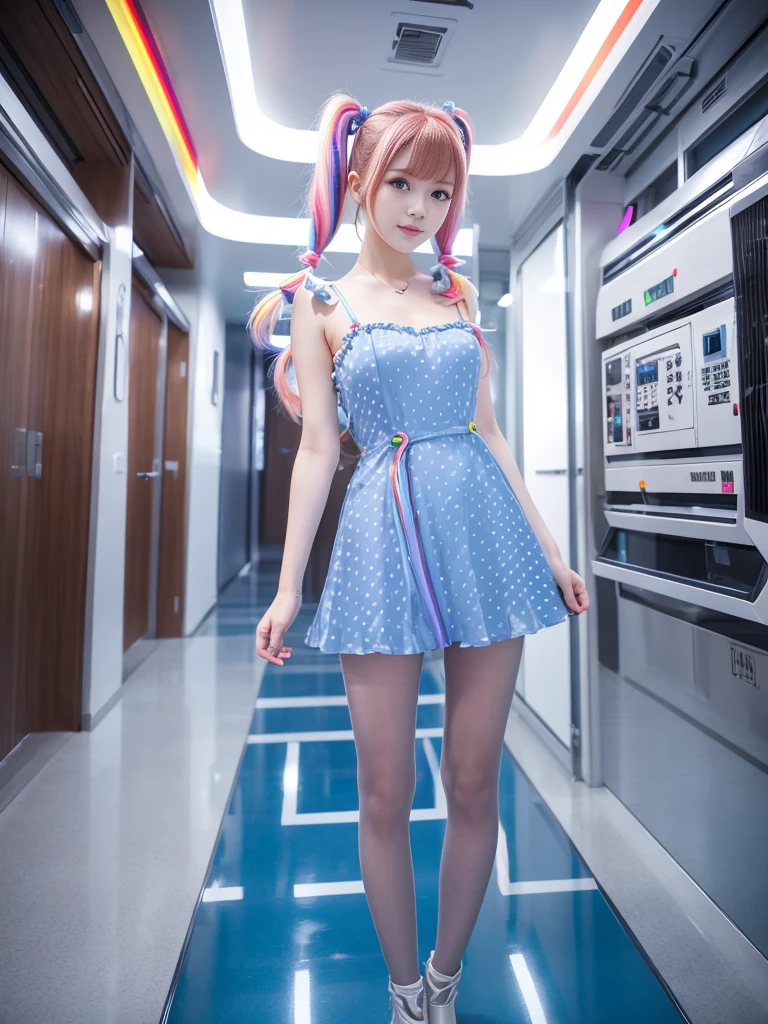 Cute redhead, gravure Idol, with rainbow colored hair tips, ribbons in her hair, 18-year-old woman, happy, in twin tails, perfect symmetrical eyes, clear sparkling blue eyes, pale skin, silky smooth skin, standing on a fancy luxurious space ship, large futuristic corridor, control panels, wood trim, decorative plants, warm lighting, wearing a futuristic dress, pleated (chemise) mini dress (pastel rainbow colors, and polka dots), wearing full body pantyhose, cute short cut booties.
