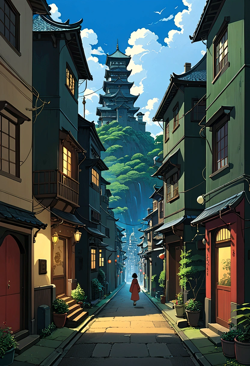 Ghibli、Highest quality, (masterpiece:1.35), wallpaper, (figure), original, (Depth of written boundary),Spirited Away、Beautiful cityscape、Dark