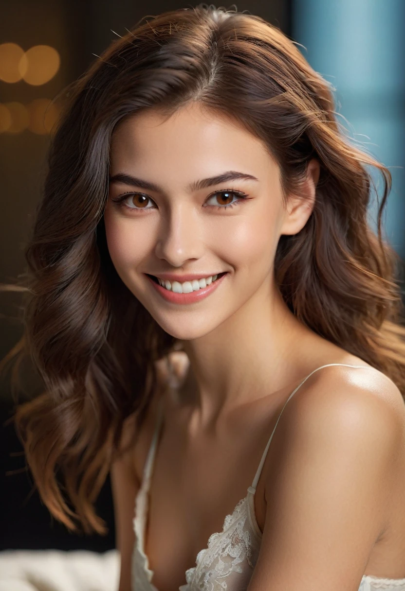 pretty face, white, 20 yo, brunette hair, caucasian, skinny, fit, beautiful, uhd, hyper realistic, highly detailed face, brown eyes, cleavage, fluffy hair, wolf cut, big natural , smooth skin, shiny, smiling, seductive smirk, as realistic like possible, natural features, photorealistic, cinematic lighting, depth of field, soft shadows, texture quality, intricate details, ultra-sharp focus, skin pores visible, subtle makeup, lifelike expressions, perfect color balance, visible upper body, big natural , underwear sexy,