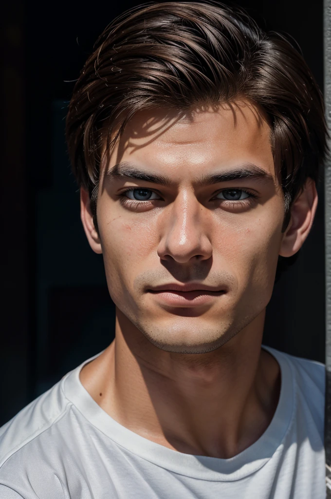 A photograph of spider man, no mask, 20 yo, handsome, detailed face, looking at camera, portrait, 8k uhd, high quality