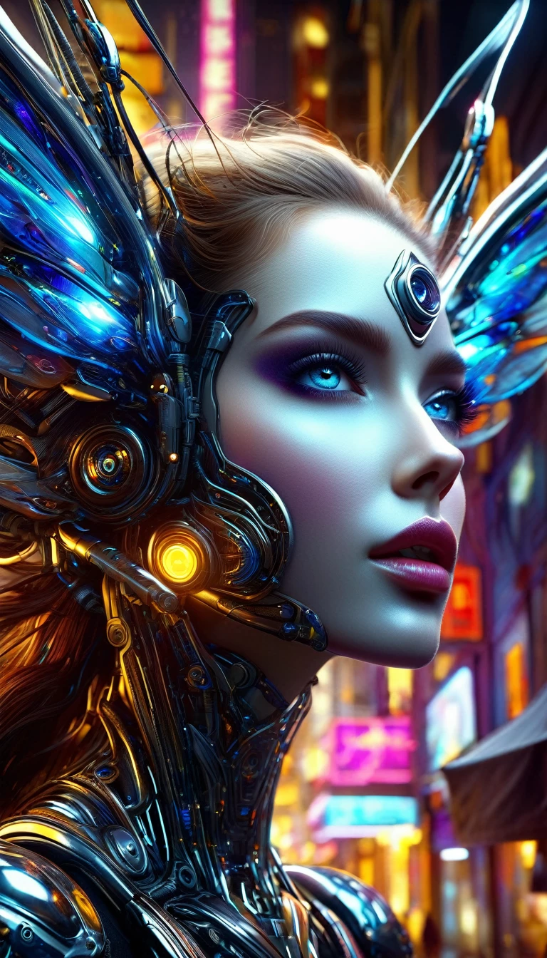 (beautiful detailed eyes, beautiful detailed lips, extremely detailed eyes and face, long eyelashes), surreal, fantasy, 1 woman, woman with mechanical wings, woman with metal wings, woman flying over futuristic city, impressive futuristic city, cinematic, dramatic lighting, chiaroscuro, dramatic atmosphere, oil painting, digital painting, hyper detailed, masterpiece, highly detailed, intricate details, rich textures, vibrant colors, cinematic composition, dramatic pose, dynamic movement, ethereal, otherworldly, science fiction, concept art, (best quality, 4k, 8k, highres, masterpiece:1.2), ultra-detailed, (realistic, photorealistic, photo-realistic:1.37), HDR, UHD, studio lighting, ultra-fine painting, sharp focus, physically-based rendering, extreme detail description, professional, vivid colors, bokeh