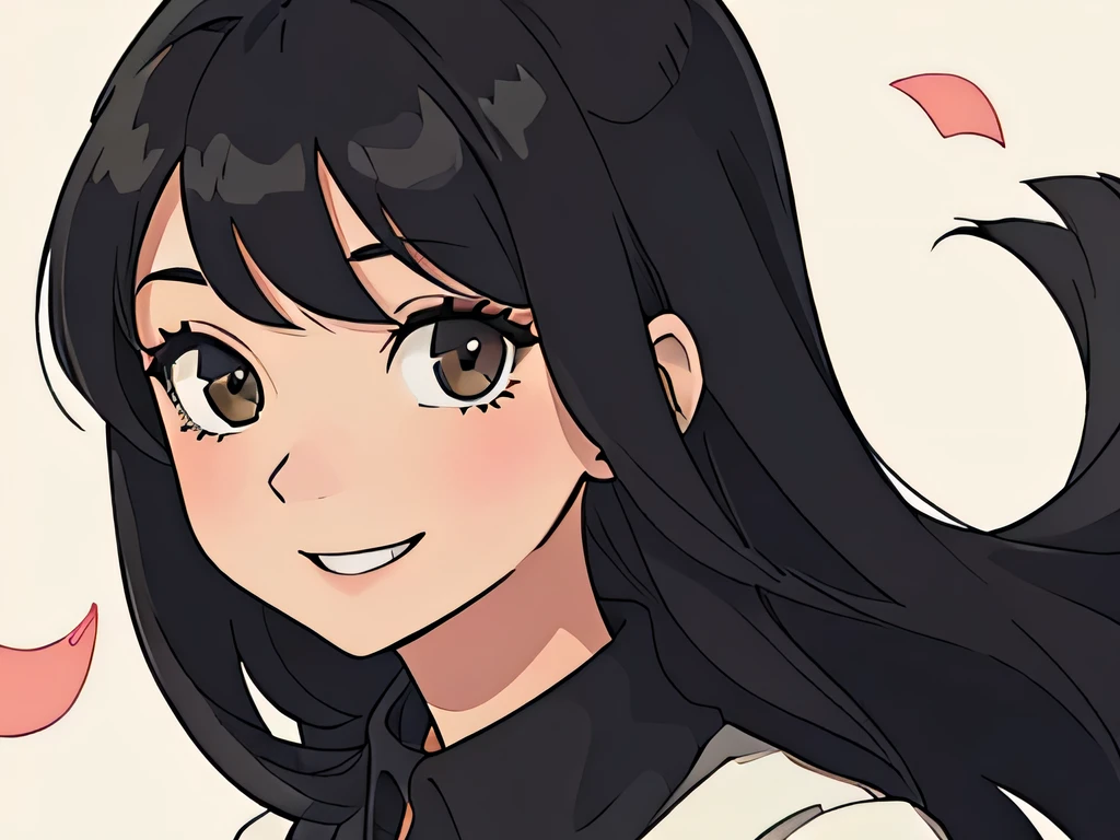 perfect anime illustration closeup portrait of a girl  having long black hair with bangs, wearing a dress, standing straight, smiling, 
