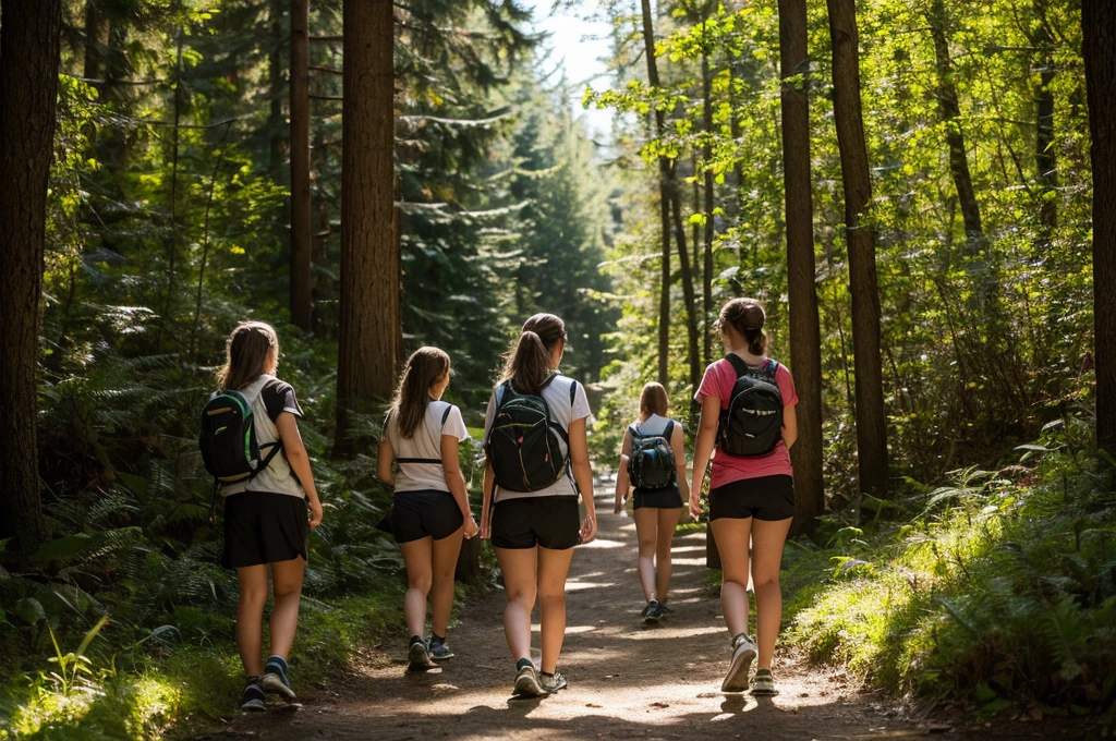 Italy. NSFW. Create a highly realistic front-facing scene set in the highlands of Lombardy, Italy, featuring a 12-year-old Italian girl leading a group of younger girls on a hiking trip through a dense forest.
The 12-year-old girl stands confidently at the front center of the group, facing forward. She has shoulder-length brown hair tied in a ponytail poking through the back of her colorful baseball cap. She wears a bright, short-sleeve t-shirt, knee-length shorts, and sturdy hiking shoes. Her expression is enthusiastic and welcoming as she looks ahead, one hand holding a small map or pointing forward to guide the group.
Surrounding her are several younger girls, aged between 6 and 10, arranged in a semicircle around her, all facing forward as well. They are dressed in colorful t-shirts, shorts, and baseball caps, each sporting different vibrant patterns and colors. They carry small backpacks or water bottles, and their expressions are a mix of excitement and curiosity. Some girls have pigtails or braids, adding to their youthful appearance.
The group includes about 8-10 girls of varying heights and builds, reflecting their different ages and levels of excitement.
Behind them, the forest is rich and dense with tall pine and oak trees forming a canopy overhead. The sunlight filters through the leaves, creating dappled patterns on the forest floor, which is covered with moss, ferns, and wildflowers. The narrow, winding trail they follow is visible between them, bordered by rocks and roots that enhance the sense of adventure.
In the background, the majestic Lombardian mountains rise, with some snow patches visible on the higher peaks, adding to the natural beauty of the scene. The atmosphere is filled with the fresh scent of pine, and the sounds of birds and rustling leaves create a vibrant and immersive environment.
This scene captures the lively and exploratory spirit of the group, with the 12-year-old girl leading her younger companions through the p