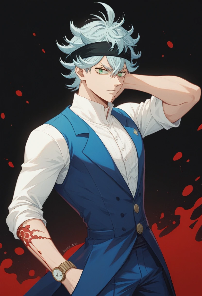 A 19 year old boy, Stay (black clover), spiky hair, messy hair, hair between the eyes, cream colored hair, for white, green eyes, black headband,  thin arms, upset expression, Un chaleco blue suit with stripes, Una camisa de vestir azul claro con las mangas arremangadas hStay los codos., Pants matching the vest..., blue suit with stripes, He wears a watch on his left wrist..., many tattoos on the forearms, elegant and casual clothing, epic hike, blood on more hands, alone, black background 