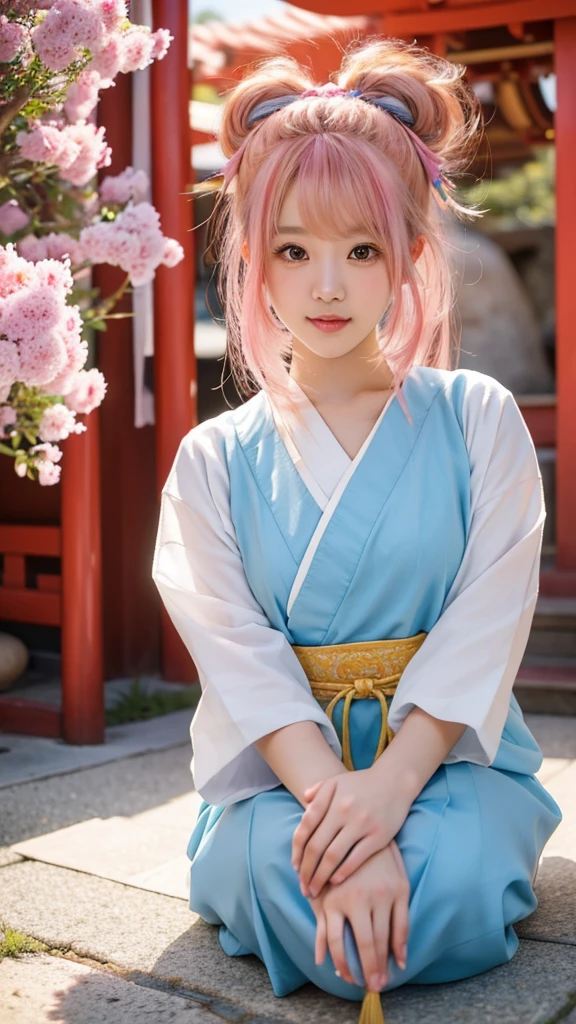 Create a 4K image of a cute 20-year-old Japanese goddess with bright-colored hair, facing directly forward. She is holding a large heart with both hands. The background should feature a charming temple. The overall style should be vivid, detailed, and capture the elegance and beauty of traditional Japanese attire, with a blend of anime influences.
