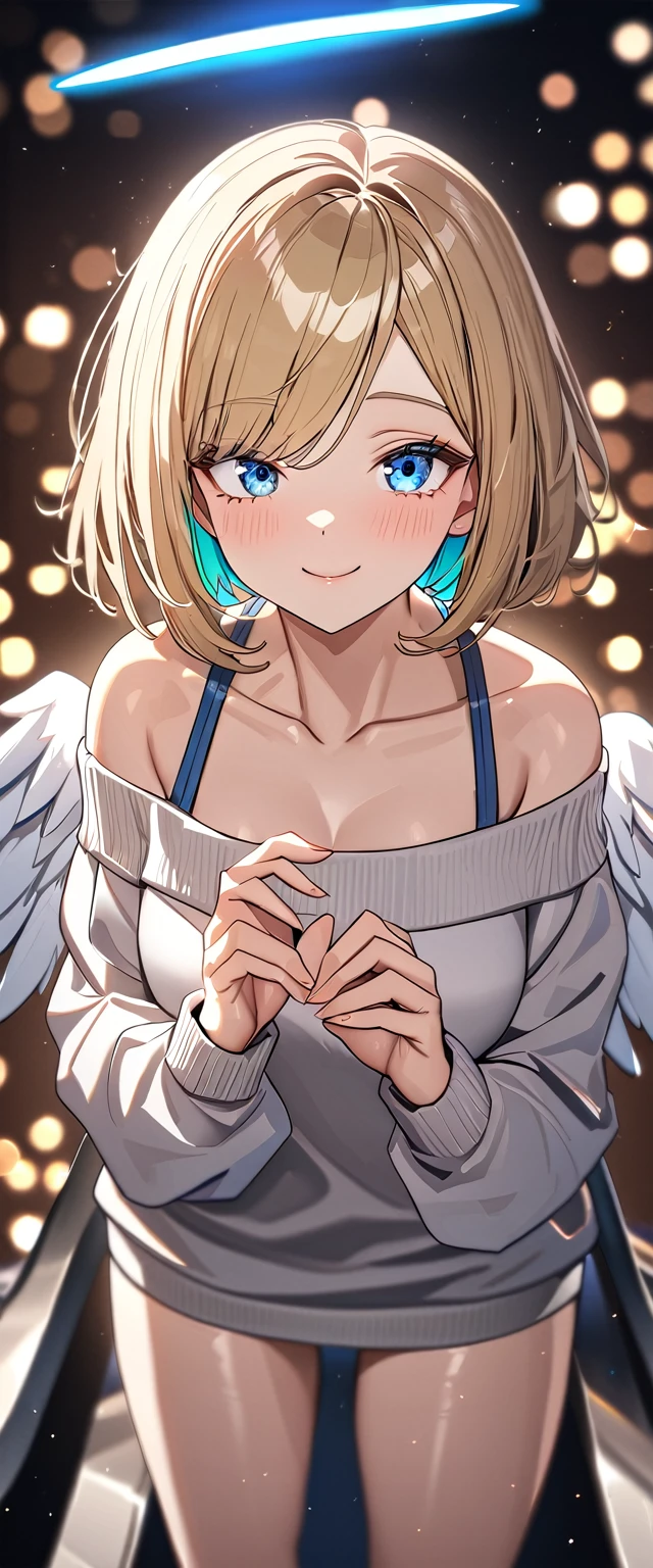 (((One girl))), (((cowboy shot))), ((flying)), ((angel, big big white wings:1.2, halo:1.3)), Uriel, ((wavy hair, outward curled hair)), evening, Sunset, ((blond hair, bob cut:1.3)), breasts, teenager, (looking at viewer), oversized clothes, puffy long sleeves, collarbone, ((off-shoulder sweater dress:1.3, Quite thick shoulder straps)), (((sleeves past wrists:1.3))), ((white sweater)), collarbone, head tilt:1.3, (((blue eye))), ((happy smile)), (((anime style))), (best quality, 4K, 8K, highres, masterpiece:1.2, ultra-detailed, ultra-detailed eyes, HDR, uhd, studio lighting, ultra-fine painting, sharp focus, physically-based rendering, extreme detail description, professional, vivid colors, bokeh), ((Highest quality, Best image quality, Ultra-high resolution, Ultra-high resolution, solo, Strong eye highlights)), Depth of written boundary, Natural soft light, attractive, Beautiful Face, Cleanliness, Pure Face, medium chest, Beautiful Face, Perfect Fingers, Perfect hands, Perfect body, Perfect Face, Shine a light into your eyes, Perfect Anatomy