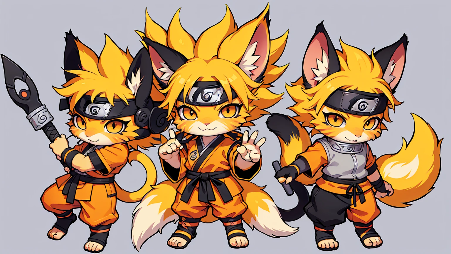 a cat warrior character, cat ears, furry, (full body:1.2) , chibi, advanced digital chibi art, g liulian art style, maplestory mouse, bian lian, chibi art, league of legends art style, character art of maple story, ((view at the viewer)), (((Naruto Uzumaki costume))), basic background