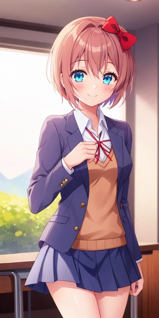one girl, Sayori, DDLC, school blazer, hair bow, close to girl, too gentle, blue eyes, she is always smiling, beautiful, skirt, cowboy shot, clumsy girl