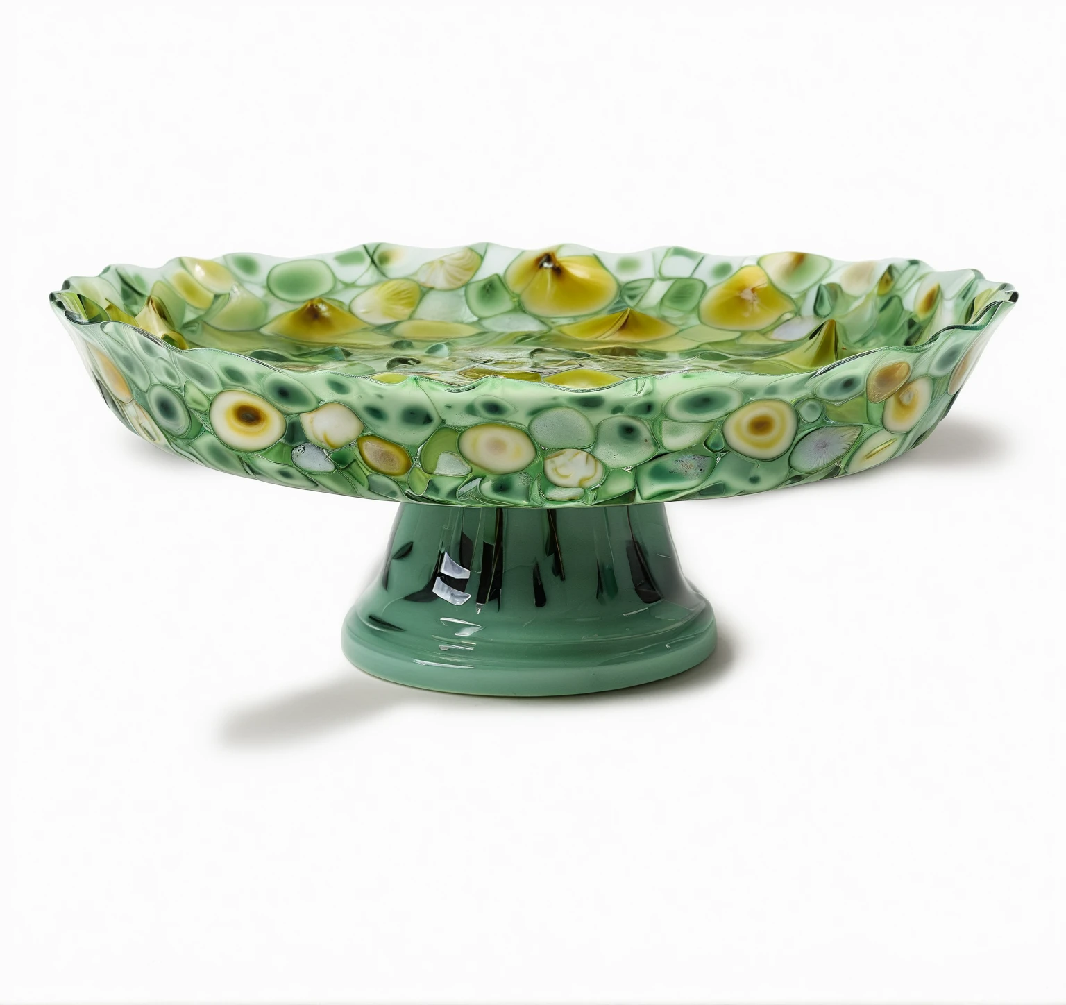 there is a green glass cake plate with a green base, close-up product photo, with celadon glaze, made of glazed, bottom - view, scales made of jade, banal object on a pedestal, detailed product photo, bottom view, pastel green, high quality product photo, soap, high detail product photo, detailed zoom photo, day light
