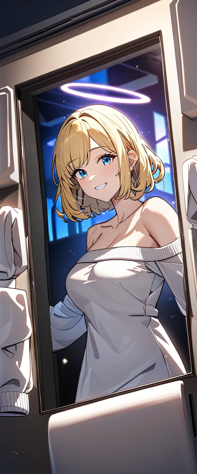 ((angel, big big white wings:1.3, halo:1.3)), (((spread arms))), (((cowboy shot))), ((flying)), archangel Uriel, ((wavy hair, outward curled hair)), evening, Sunset, ((blond hair, bob cut:1.3)), breasts, ager, (looking at viewer), oversized clothes, puffy long sleeves, collarbone, ((off-shoulder sweater dress:1.3, Quite thick shoulder straps)), (((sleeves past wrists:1.3))), ((white sweater)), collarbone, head tilt:1.3, (((blue eyes))), ((happy smile)), (((anime style))), (best quality, 4K, 8K, highres, masterpiece:1.2, ultra-detailed, ultra-detailed eyes, HDR, uhd, studio lighting, ultra-fine painting, sharp focus, physically-based rendering, extreme detail description, professional, vivid colors, bokeh)