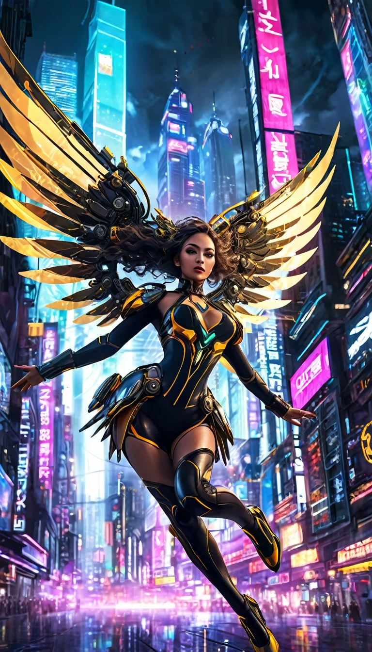 A very sexy woman with metal wings, mechanical wings, flying over an impressive futuristic city, oil painting, intricate details, dramatic lighting, cinematic composition, hyperrealistic, highly detailed, masterpiece, chiaroscuro, moody atmosphere, rich color palette, volumetric lighting, dramatic depth of field, photorealistic, cinematic framing, dynamic pose, mesmerizing expression, elaborate costume design, advanced technology, glowing energy fields, gleaming metal textures, urban cityscape, towering skyscrapers, neon lights, moody clouds, cinematic camera angle, masterful brushwork, digital art, concept art
