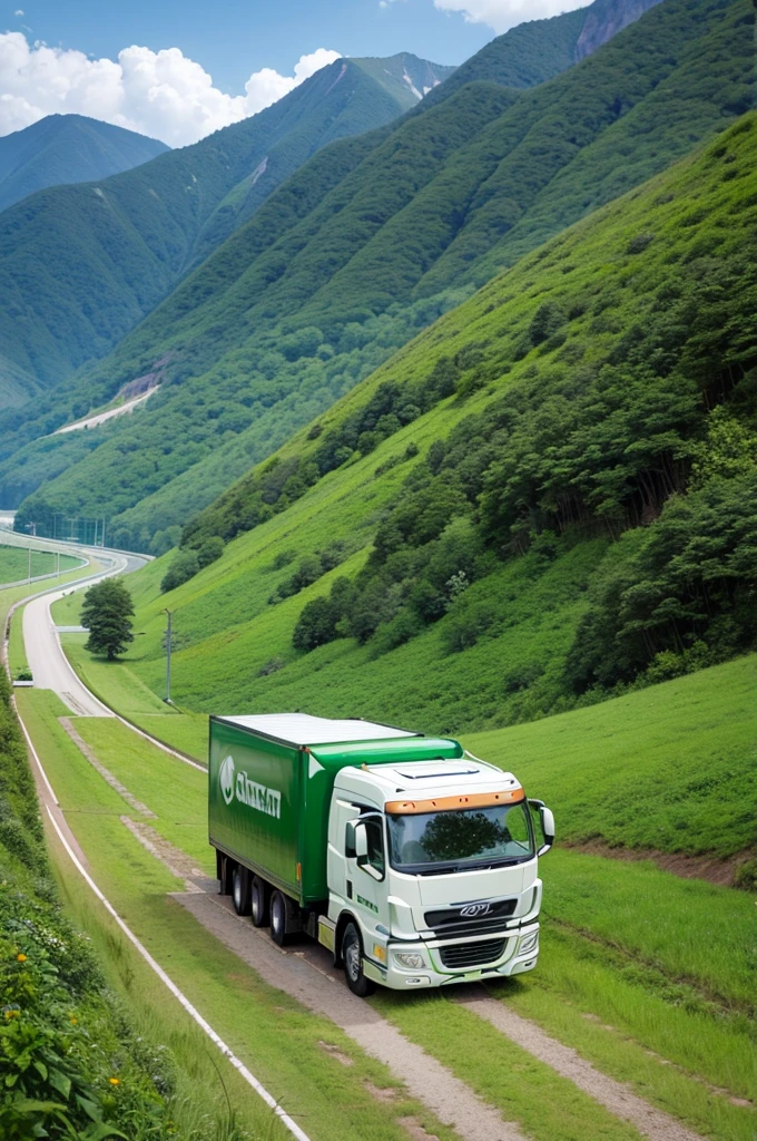 ((best quality)), ((masterpiece)), (detailed),  truck on road, green, mountain background,