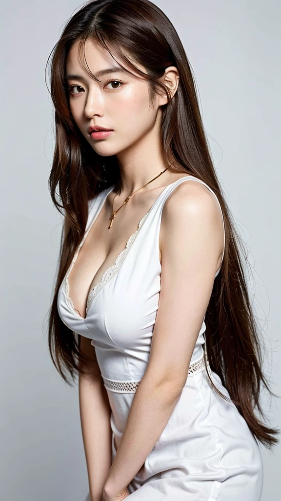 (Best quality, 8K, 32k, Masterpiece, uhd:1.2),Cute Japanese Women, Gal　large breasts, Straight long hair,　Brown Hair　upper body,face focus,oversized_White Y-shirt, necklace, simple background, from above, looking at viewer,Cleavage　Thin eyebrows　The chest size is small