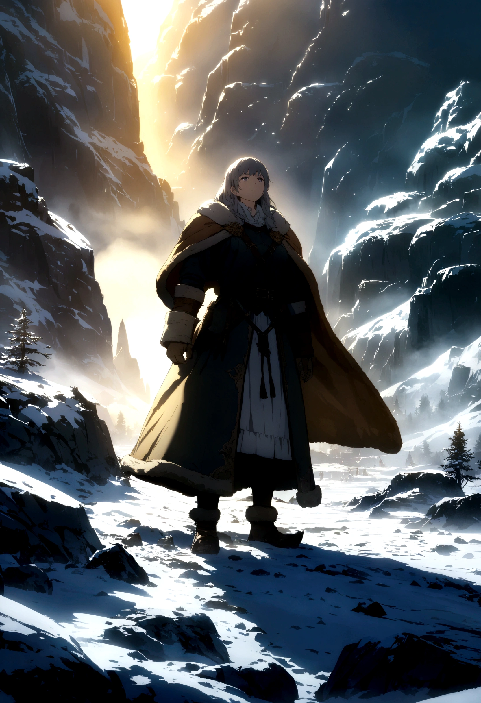 A medieval man and woman in a winter researcher's shoulder set, standing in a snowy wasteland, highly detailed, anime, 4k, hyper detailed, cinematic lighting, dramatic, moody, fantasy, concept art