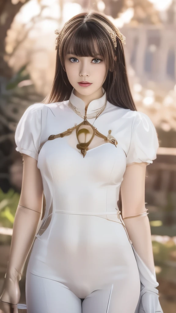 ((masterpiece, best quality, Extremely detailed), Volumetric Lighting, Ambient Occlusion, rich and colorful, Luminescence), 1 Girl, Solitary, Young Girls, (Chestnut bangs), Long hair, Halo, Halo, sacred, goddess, Priesthood, (White suit with gold details:1.3), armor, outdoor, Sunset, Sky, cloud, space, (Fantasy theme:1.2),