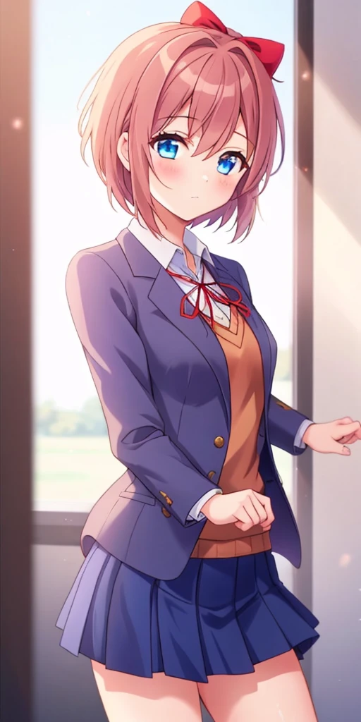 one girl, Sayori, DDLC, school blazer, hair bow, close to girl, too gentle, blue eyes, beautiful, skirt, cowboy shot, clumsy girl