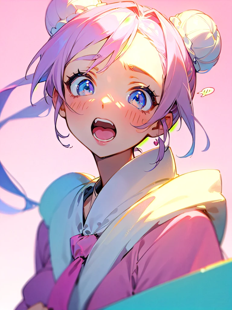 solo, close up face, (surprised face), blurtbangs, pastel color space bun, open mouth,hand over mouth, lovely image, pastel pink cute background,