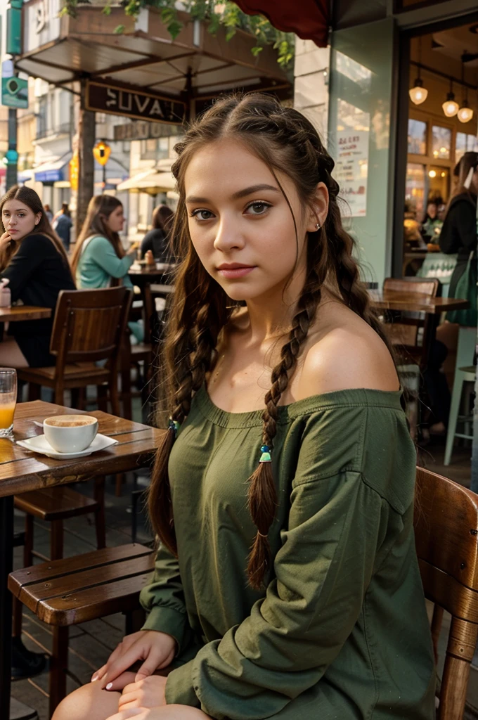 young girl,24 years,Russian,long hair,braids hairstyle , ambergris,green eyes,Plump lips , Long eyelashes,casual clothing,sitting in front of a cafe,photo selfie