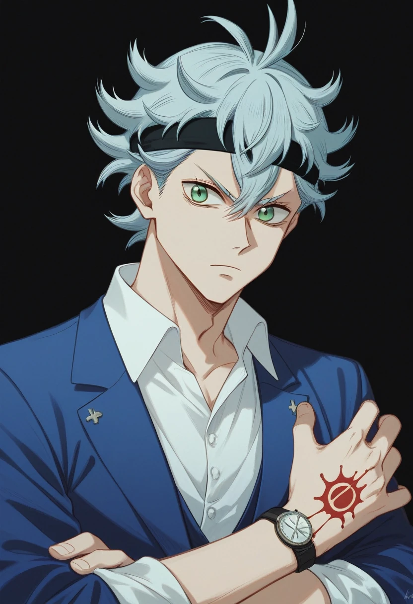 A 19 year old boy, Stay (black clover), spiky hair, messy hair, hair between the eyes, for white, green eyes, black headband, thin arms, upset expression, Un chaleco blue suit with stripes, A light blue dress shirt with the sleeves rolled up to the elbows., Pants matching the vest..., blue suit with stripes, He wears a watch on his left wrist..., many tattoos on the forearms, elegant and casual clothing, epic hike, blood on more hands, alone, black background