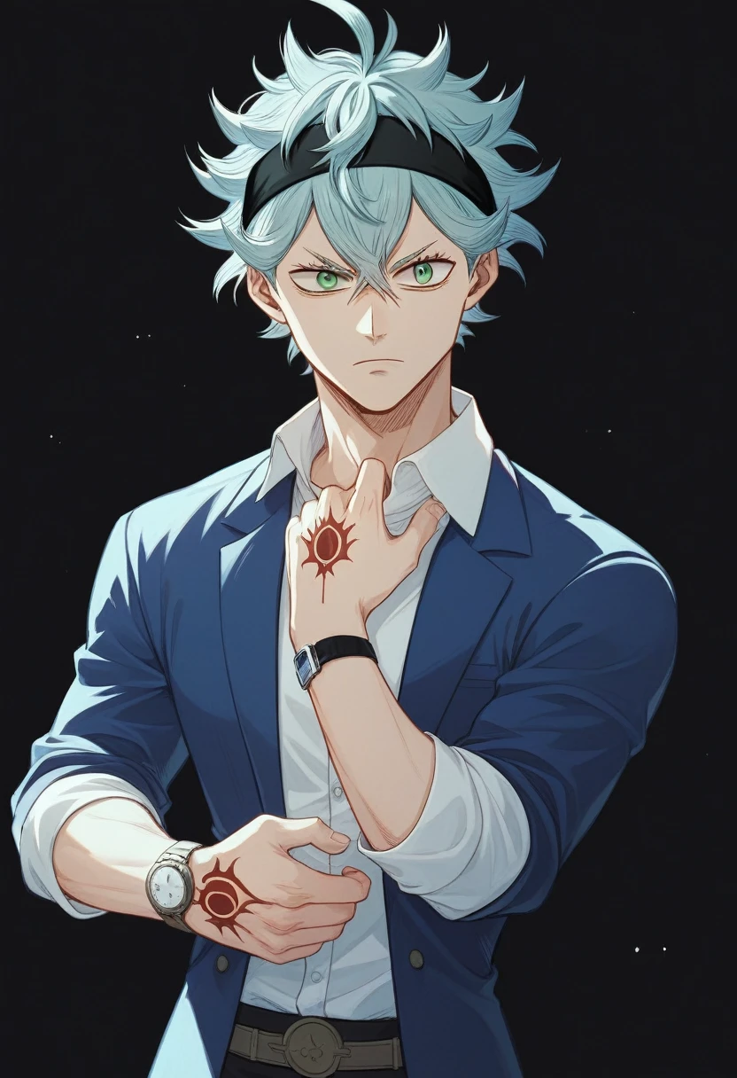 A 19 year old boy, Stay (black clover), spiky hair, messy hair, hair between the eyes, for white, green eyes, black headband, thin arms, upset expression, Un chaleco blue suit with stripes, A light blue dress shirt with the sleeves rolled up to the elbows., Pants matching the vest..., blue suit with stripes, He wears a watch on his left wrist..., many tattoos on the forearms, elegant and casual clothing, epic hike, blood on more hands, alone, black background