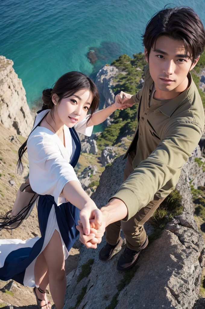 Beautiful Japanese woman about to fall off a cliff、Handsome man holding hand to help