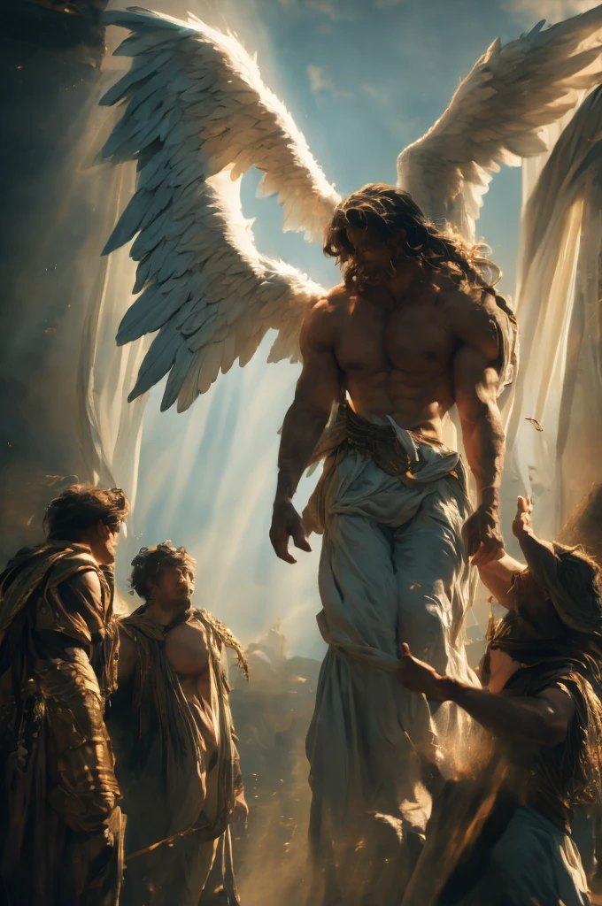 The Horde of Male Celestial Angels Descending from the Sky, realistic epic, soft cinematic film scene, highly detailed, 8k, (RAW, HDR, DSLR: 1.4), (soft colors:1.2), ultrarealistic, cinematic film quality, dramatic light, (intricate details:1.1), complex ethereal background