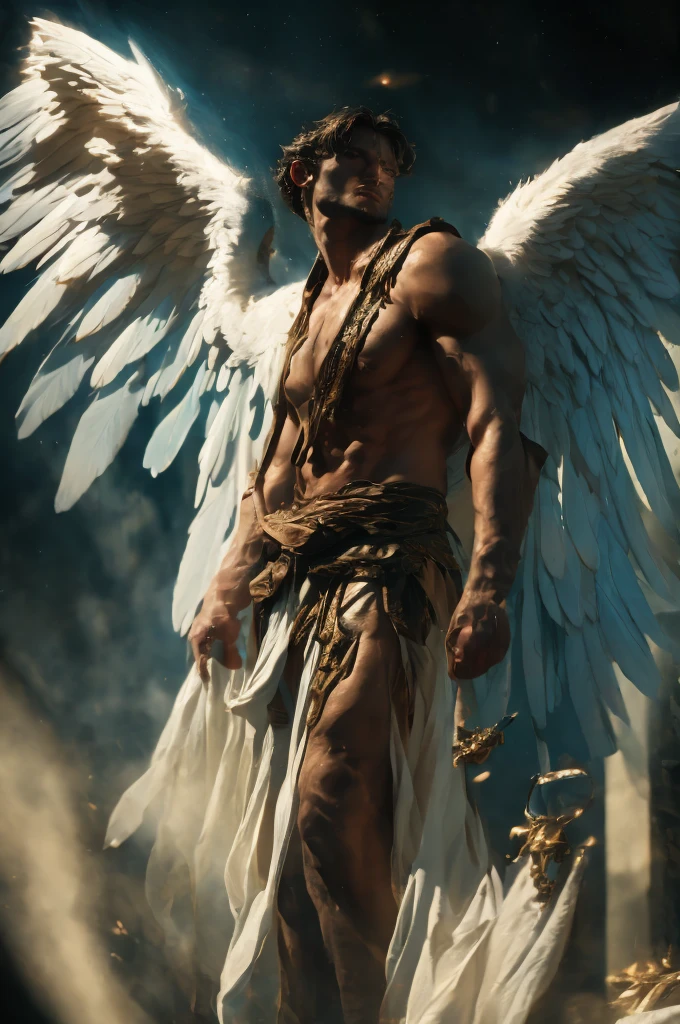 The Horde of Male Celestial Angels Descending from the Sky, realistic epic, soft cinematic film scene, highly detailed, 8k, (RAW, HDR, DSLR: 1.4), (soft colors:1.2), ultrarealistic, cinematic film quality, dramatic light, (intricate details:1.1), complex ethereal background