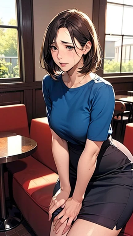 1 Woman, Japanese Woman,(Housewife:1.5),(40 Years Old:1.68),(Attractive Mature Woman:1.66),(Middle Age:1.78),(Small Round Face:1,69),(small breasts:1.5),((graduated haircut)),Casual, simple blouse,V-neckline,knee-length skirt, blouse in bright colors,pastel shades,(((cafe interior,in room))),(Pressing the crotch with the hand on the skirt:1.87),(estrus:1.62),(tears:1.03)