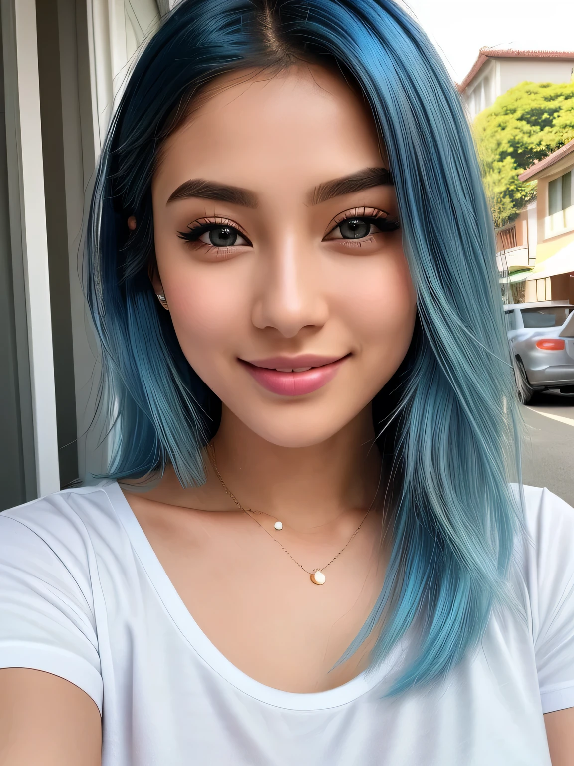 (blue hair:1.4), short hair, realistic green eyes, cobalt hair, long bob hair, tousled hair, shoulder length hair, Full body, woman with white skin and Asian features, 24 year old, big breast. She has a small, elegant nose with a slight upward curve at the tip. Her lips are full and naturally pink, with a well-defined Cupid's bow. Her teeth are straight and white, enhancing her captivating smile. Her face has an oval shape with high cheekbones that add to her model-like appearance. (crack), detailed (texture!, shine, color!!, flaws: 1.1), highly detailed glowing eyes, (looking at camera), specular light, dslr, extreme quality, crystal clear, cute face, detailed skin pores, oil Dark skin, brown, complex eye details, she is far from the camera, A full-body portrait, captured from a distance. Dynamic Frame, 8K, Best Quality, Photorealsitic, ((Realistic Lights、top-quality、、tmasterpiece:1.3))、Smile sweetly、perfect body figure:1.4、(Slim abs:1.1)、Full body female、(outside of house、natta:1.1)、the street、tee shirt