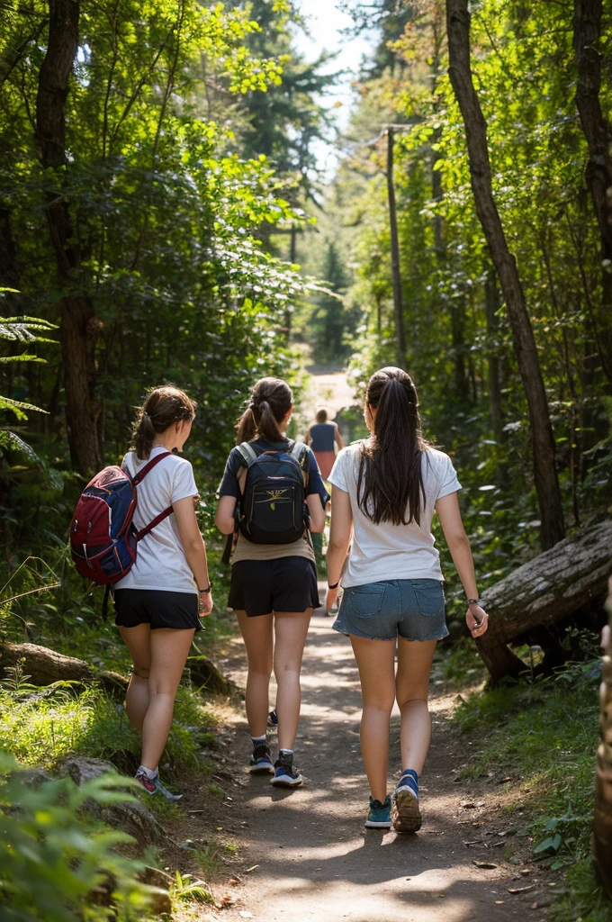 Italy. NSFW. front view, detailed face. Create a highly realistic front-facing scene set in the highlands of Lombardy, Italy, featuring a 12-year-old Italian girl leading a group of younger girls on a hiking trip through a dense forest.

    The 12-year-old girl stands confidently at the front center of the group, facing forward. She has shoulder-length brown hair tied in a ponytail poking through the back of her colorful baseball cap. She wears a bright, short-sleeve t-shirt, knee-length shorts, and sturdy hiking shoes. Her expression is enthusiastic and welcoming as she looks ahead, one hand holding a small map or pointing forward to guide the group.
    Surrounding her are several younger girls, aged between 6 and 10, arranged in a semicircle around her, all facing forward as well. They are dressed in colorful t-shirts, shorts, and baseball caps, each sporting different vibrant patterns and colors. They carry small backpacks or water bottles, and their expressions are a mix of excitement and curiosity. Some girls have pigtails or braids, adding to their youthful appearance.
    The group includes about 8-10 girls of varying heights and builds, reflecting their different ages and levels of excitement.

Behind them, the forest is rich and dense with tall pine and oak trees forming a canopy overhead. The sunlight filters through the leaves, creating dappled patterns on the forest floor, which is covered with moss, ferns, and wildflowers. The narrow, winding trail they follow is visible between them, bordered by rocks and roots that enhance the sense of adventure.

In the background, the majestic Lombardian mountains rise, with some snow patches visible on the higher peaks, adding to the natural beauty of the scene. The atmosphere is filled with the fresh scent of pine, and the sounds of birds and rustling leaves create a vibrant and immersive environment.

This scene captures the lively and exploratory spirit of the group, with the 12-year-old girl leading her young