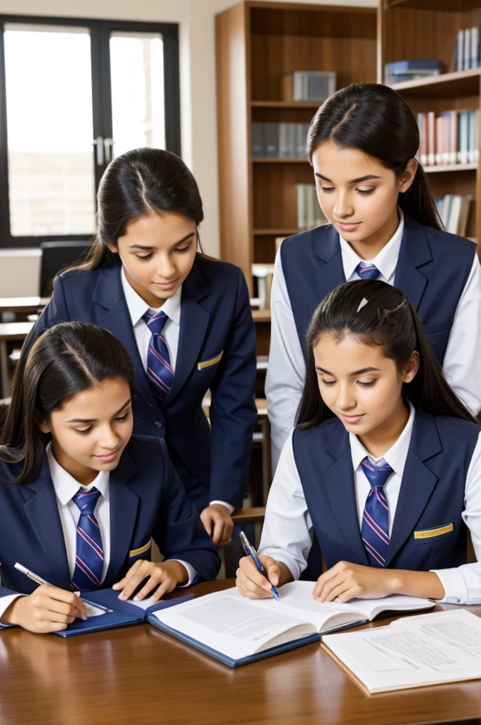 Students wearing school uniforms studying accounting