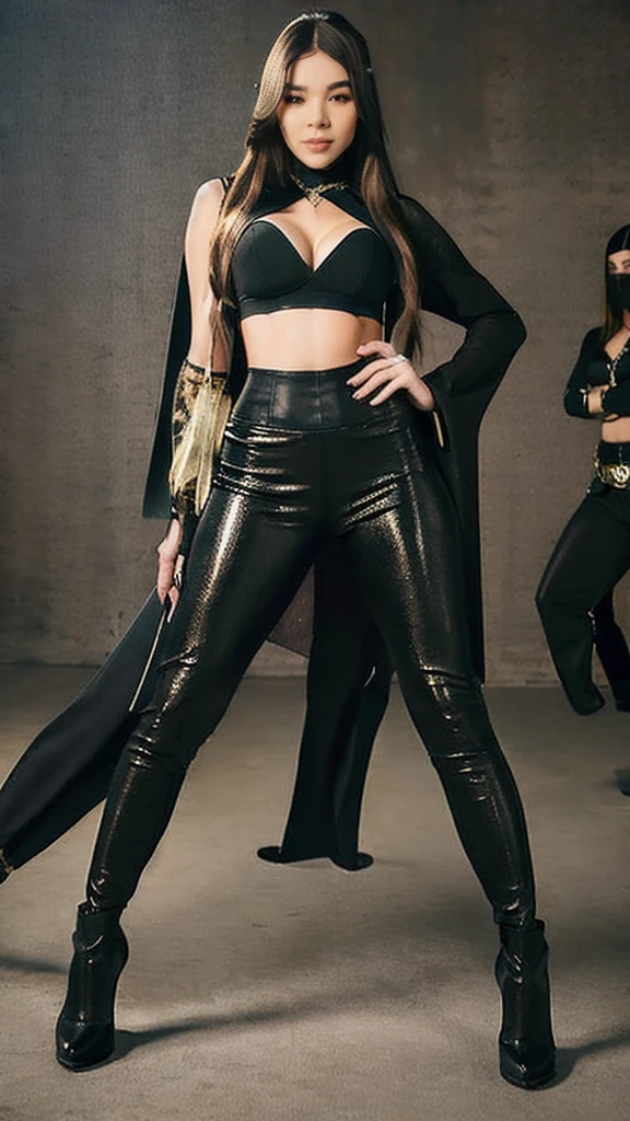(lifelike, high - resolution:1.3),full body , 1 hailee with a perfect body, Super fine face and eyes,long hair, midriff of black colors:1.2, black shiny leggings, face veil, big boob,Expose cleavage, fighting pose, leather high heels.