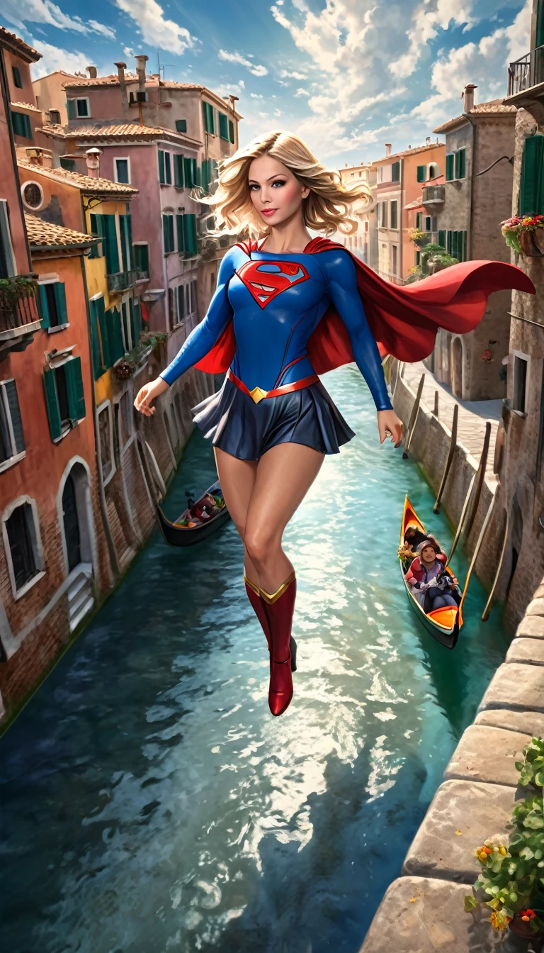 a supergirl character flying over a nice italian city,aerial view,oil painting,cinematic lighting,dramatic shadows,vibrant colors,detailed architectural buildings,detailed cityscape,detailed cobblestone streets,detailed bridges,detailed gondolas on canals,detailed rooftops,dramatic clouds,dramatic sky,dramatic landscape,highly detailed,photorealistic,hyper detailed,masterpiece,intricate details,cinematic composition,dramatic atmosphere,dramatic moody lighting,ethereal,masterful brushwork,dynamic perspective,dynamic composition,lush textures,rich textures,cinematic framing