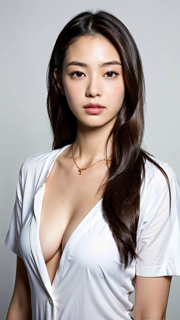 (Best quality, 8K, 32k, Masterpiece, uhd:1.2),Cute Japanese Women, Gal Beauty large breasts, Straight long hair, Brown Hair upper body,face focus,oversized_White Y-shirt, necklace, simple background, from above, looking at viewer,Cleavage Thin eyebrows breast size is small