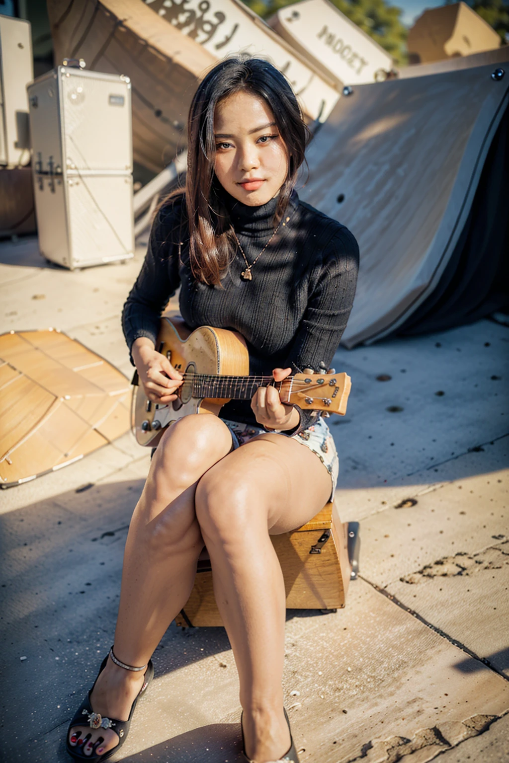 masterpiece, best quality, ultra detailed, high resolution, 1 girl, ((pretty lady MoonLay)), Burmese girl, ((pretty lady MoonLay's seductive sweet face with sweet smile:1.2)), ((playing guitar with sweet pose:1.6)), ((electric guitar)), ((big stage background:1.5)), (((background blur to highlight character:1.4))), golden hour setting, 8k, (black sweater turtleneck tight blouse), ((white ink flowers pattern printed on black mini tight skirt:1.2)), ((sitting and elegantly leg-crossed and knee over knee pose:1.5)), (stiletto high heel), ((full body view:1.6)), (vibrant HDR lighting),