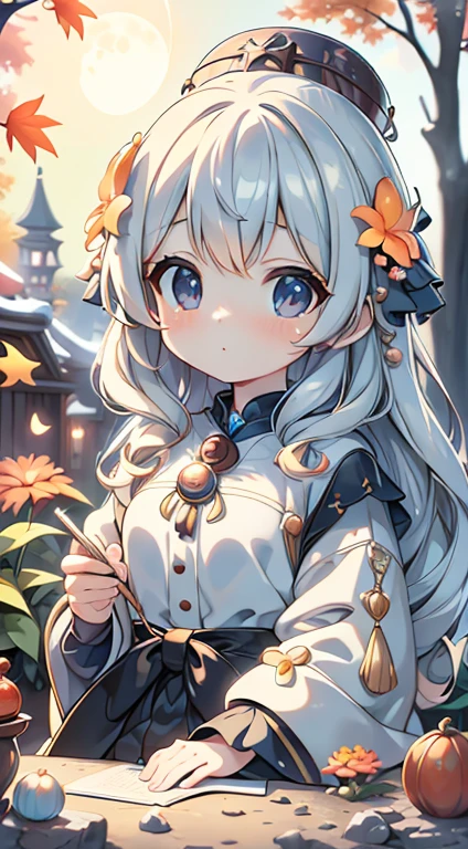 masterpiece, 最high quality, high quality, Very detailed CG 8k wallpaper unit, scenery, Outdoor, set up, Medieval Tavern, autumnの空, autumnの夕暮れ, autumn、winter, Cloudy, The big moon shines, Award-winning photography, Depth of written boundary, High resolution, Flowers, squirt, Hydrangea, Realistic, Very detailed, Complex, High detail, dramatic, Art on the go, Art Station Trends, CGsociety Trends, chromatic aberration.Small breasts、Cute eyes, beautiful eyes、Big eyes、Ultra delicate、Ultra HD