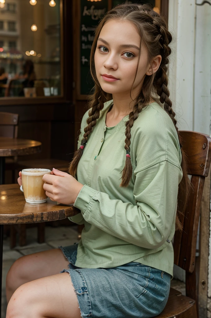young girl,24 years,Russian,long hair,braids hairstyle , ambergris,green eyes,Plump lips , Long eyelashes,casual clothing,sitting in front of a cafe,photo selfie