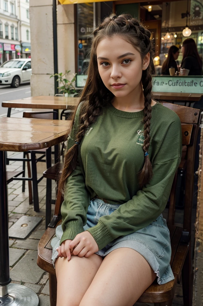 young girl,24 years,Russian,long hair,braids hairstyle , ambergris,green eyes,Plump lips , Long eyelashes,casual clothing,sitting in front of a cafe,photo selfie