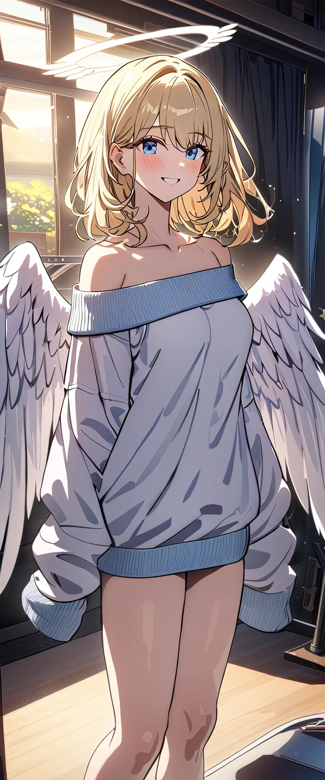 ((angel, big big white wings:1.3, halo:1.3)), (((spread arms))), (((cowboy shot))), ((flying)), archangel Uriel, ((wavy hair, outward curled hair)), evening, Sunset, ((blond hair, bob cut:1.3)), breasts, teenager, (looking at viewer), oversized clothes, puffy long sleeves, collarbone, ((off-shoulder sweater dress:1.3, Quite thick shoulder straps)), (((sleeves past wrists:1.3))), ((white sweater)), collarbone, head tilt:1.3, (((blue eyes))), ((happy smile)), (((anime style))), (best quality, 4K, 8K, highres, masterpiece:1.2, ultra-detailed, ultra-detailed eyes, HDR, uhd, studio lighting, ultra-fine painting, sharp focus, physically-based rendering, extreme detail description, professional, vivid colors, bokeh)
