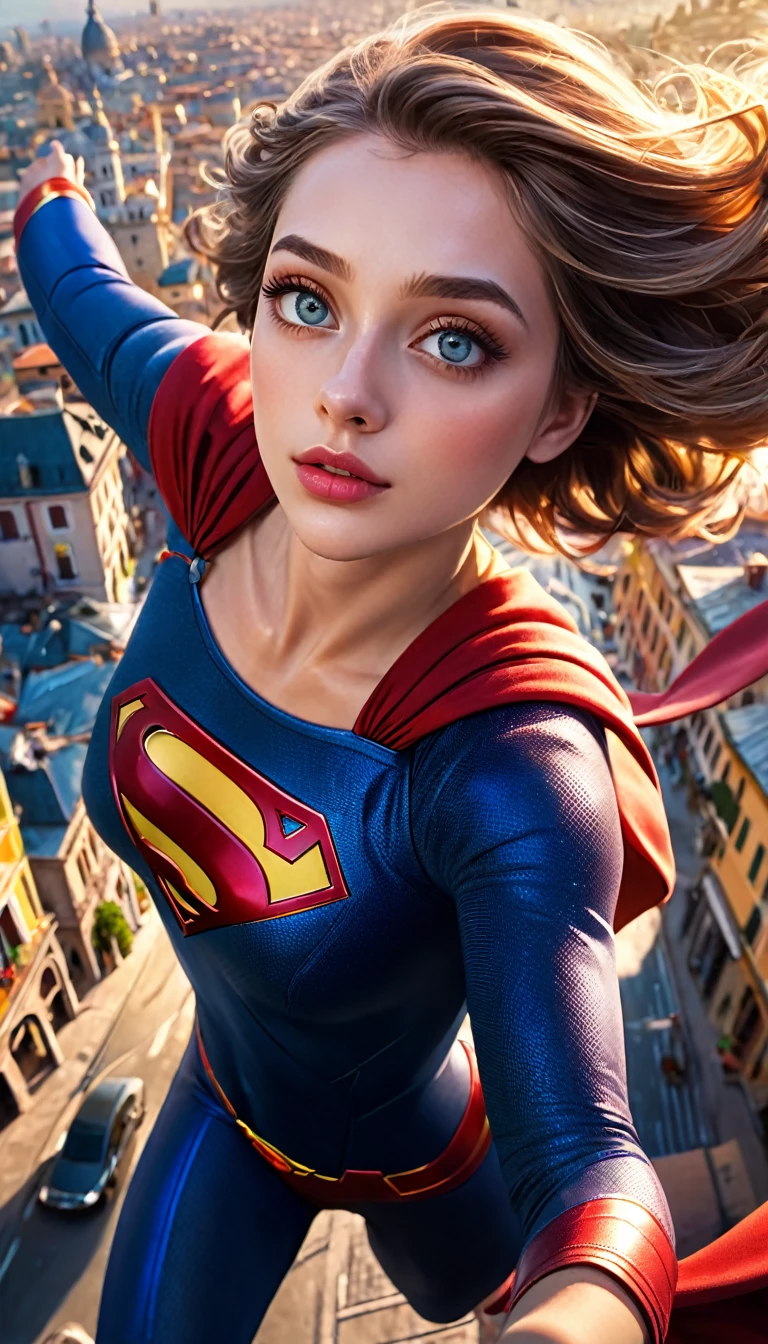 a girl flying over an italian city, beautiful detailed eyes, beautiful detailed lips, extremely detailed eyes and face, long eyelashes, superhero, supergirl, flying, aerial view, ornate architecture, italian cityscape, vibrant colors, dramatic lighting, oil painting, cinematic, masterpiece, (best quality,4k,8k,highres,masterpiece:1.2),ultra-detailed,(realistic,photorealistic,photo-realistic:1.37),HDR,UHD,studio lighting,ultra-fine painting,sharp focus,physically-based rendering,extreme detail description,professional,vivid colors,bokeh,cinematic lighting,dramatic atmosphere,cinematic composition,cinematic camera angle